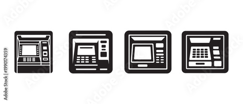 Modern ATM Machine Icons Set. Clean Black and White Vector Illustrations for Banking and Financial Technology.