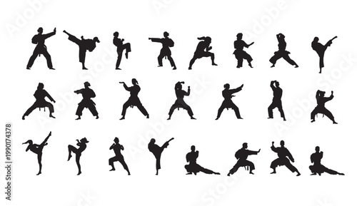 A collection of black silhouettes of people performing various martial arts poses and movements.