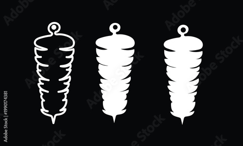 White Doner Kebab Shawarma Icons on Black Background - Turkish Meat Grill Silhouettes - Arabic Street Food Web Icons - White Meat Skewer Symbols for Dark Mode Design