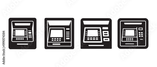 Set of ATM machine icons. with different designs, isolated on white background, representing banking technology and services.