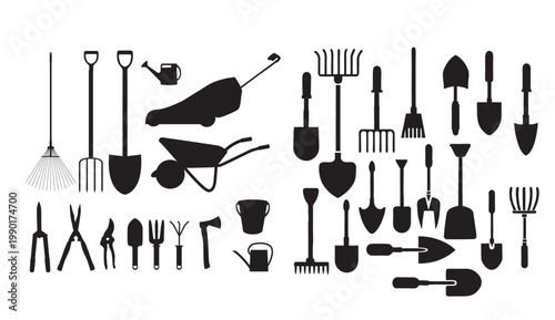 A collection of gardening tools and equipment in black silhouette on a white background