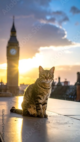 A curious cat sits on a rooftop with a famous clock tower