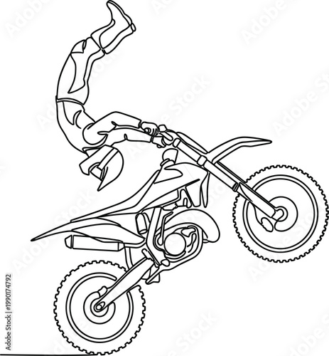 Extreme motocross rider performing upside down trick on dirt bike freestyle stunt action line art vector illustration