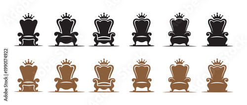 Collection of Regal Throne Icons. in Black and Brown with Crowns on White Background.