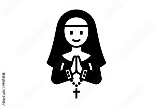 Minimalist Black and White Nun Icon Vector - Smiling Religious Sister with Praying Hands and Rosary Cross