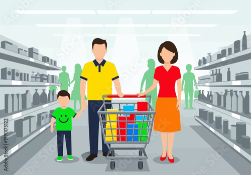 Happy Family Shopping in Supermarket with Shopping Cart Full of Groceries Flat Vector Illustration