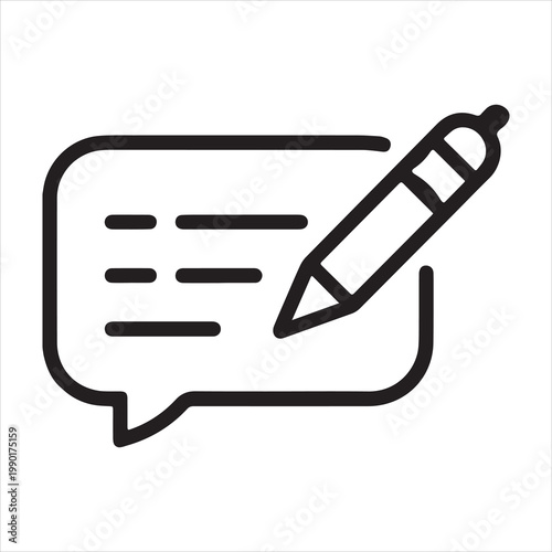 Simple black outline icon of a pen writing in a speech bubble with text lines