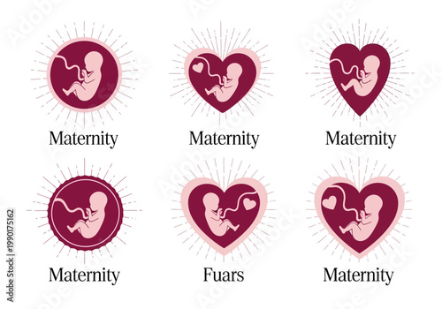 Set of Maternity Logos Featuring Fetus and Heart Symbols for Pregnancy and Prenatal Care Brands