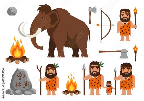 Stone Age Cartoon Vector Illustration Set Featuring Cavemen, Woolly Mammoth, Primitive Weapons, and Ancient Fire Elements Isolated on White