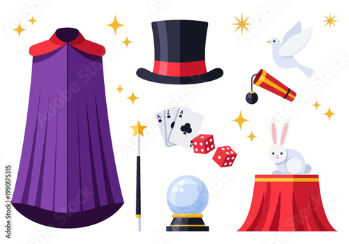 Magician Performance Elements Collection - Vector Flat Illustration of Magic Show Tools Including Top Hat, Rabbit, Cape, and Magic Wand on White Background