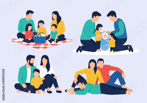 Happy Family Vector Illustration Set with Parents and Children Engaged in Picnic, Meeting a Newborn, and Spending Quality Time Together