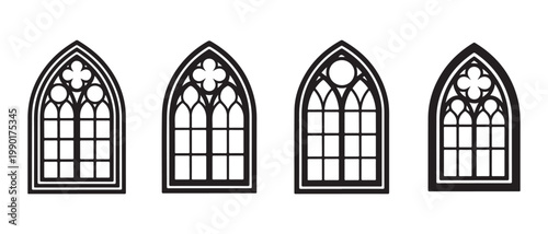 Gothic Church Window Silhouettes Set, Medieval Cathedral Arch Architectural Icons on White Background.