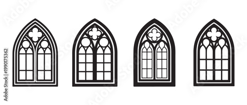 Gothic Window Silhouettes. Set of Architectural Designs with Tracery and Mullions.