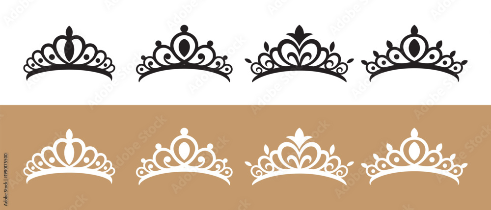 Fototapeta premium Collection of ornate tiara and crown vector icons. on white and gold background.