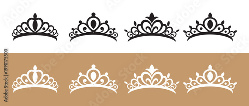 Collection of ornate tiara and crown vector icons. on white and gold background.