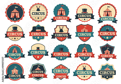 Vintage Circus Logo and Badge Collection - Retro Carnival Emblems with Big Top Tents, Magician Hats, and Ribbons