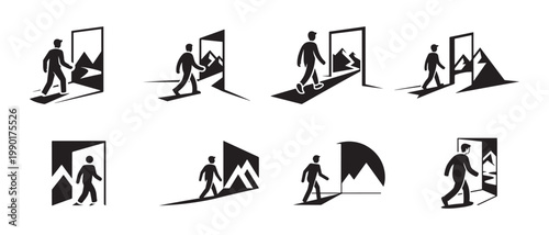 Man walking through abstract doorway, shadow revealing mountain landscape, concept of opportunity, journey, aspiration.