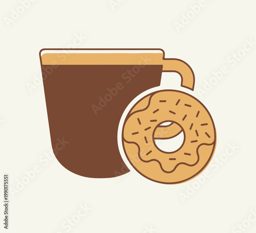 Clean line illustration of a warm mug with coffee and a sprinkled donut, symbolizing a cozy breakfast moment or a sweet, comforting snack break