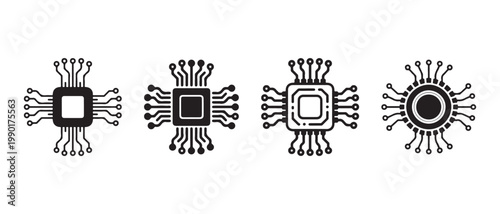 Set of microchip icons with pins, representing processors and integrated circuits, isolated on white background.