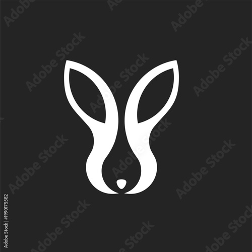 Minimalist White Rabbit or Hare Head Logo Design on Black Background, Simple Animal Graphic