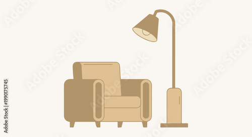 Cozy armchair and floor lamp illustration on a simple background, perfect for interior design and home decor concepts