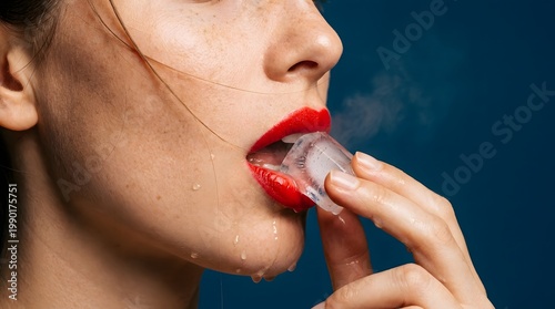 Closeup of woman with red lips holding ice cube against blue background