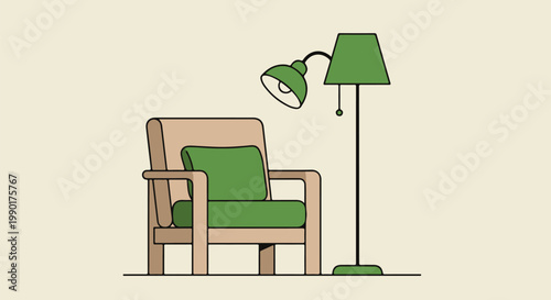 Minimalist vector art depicting a comfortable armchair with a green cushion and a floor lamp, creating a cozy reading nook ambiance for modern home interiors