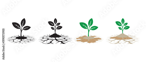 Plant growth icons set. seed sprout in dry cracked earth to healthy sapling in soil.