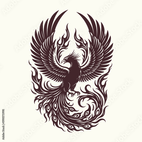 Stylized Phoenix Illustration Tribal Firebird Design.