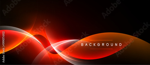 Dynamic wave design. Bright orange, red hues contrast dark background. Modern aesthetic, smooth curves create energy. Text reads background.