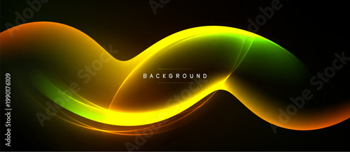 Abstract vibrant waves, flowing lines. Gradient colors blend, creating dynamic visual effect. Dark background emphasizes luminosity.