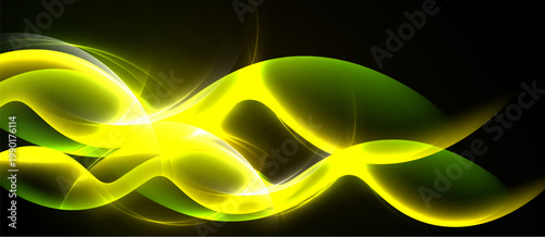 Bright yellow, green waves flow across black background. Dynamic lines create abstract energy, light effect. Smooth curves suggest movement.