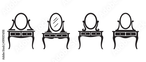 Collection of Vintage Vanity Dressing Table Silhouettes with Mirrors and Drawers.