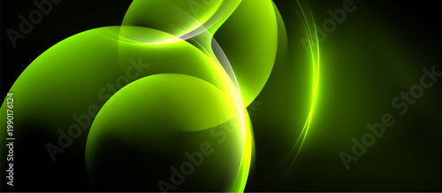 Abstract green shapes overlap, creating luminous curves. Dark background emphasizes bright, flowing forms. Modern design element.