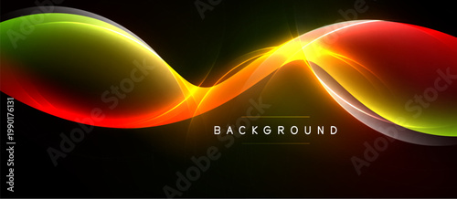Abstract vibrant light waves form dynamic shape. Dark background emphasizes colorful energy, modern design element.