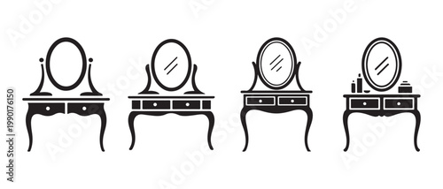 Collection of vintage vanity table silhouettes with mirrors and drawers, showing makeup items.
