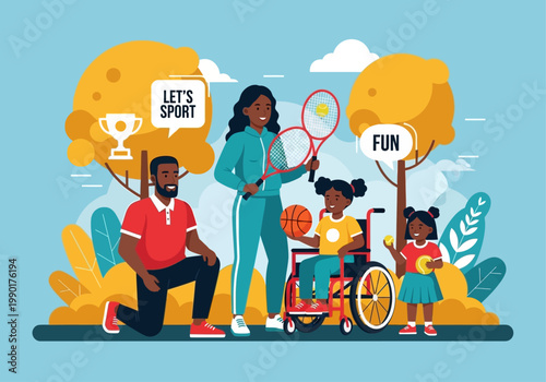 Inclusive Black Family with Disabled Child in Wheelchair Playing Sports Outdoors, Active Lifestyle and Diversity Vector Illustration