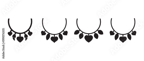 Minimalist black outlines of hoop earrings with dangling heart and leaf charms, isolated on white background.