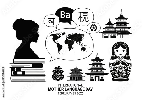International Mother Language Day 2026 Vector Illustration with Global Cultural Symbols, Woman Silhouette, and Linguistic Diversity Icons