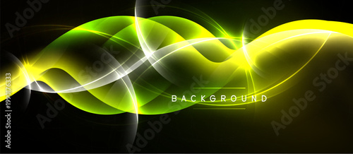 Bright neon waves flow across dark background. Yellow, green hues create dynamic visual effect. Modern design element.