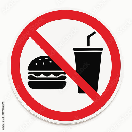 This striking circular no food and drink sign with a red border clearly prohibits consuming beverages or meals in designated zones.