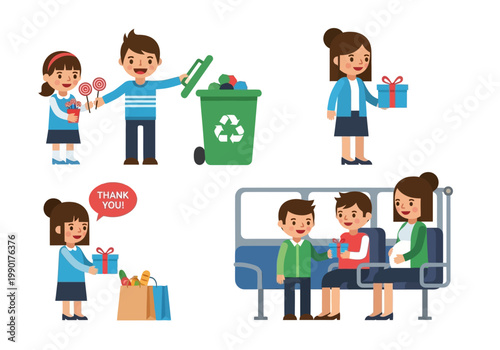 Set of Children Showing Good Manners and Acts of Kindness Vector Illustration