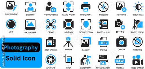 Photography solid icon set. Photography icon set. Containing Icons as Camera, Photographer, Picture, Video Camera, Lens, Tripod and more. Solid Vector web icons collection.