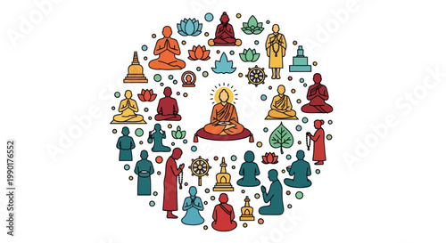 Buddhist Icons Circle Collage: Meditation, Enlightenment, Lotus, Pagodas, Monks, Symbols