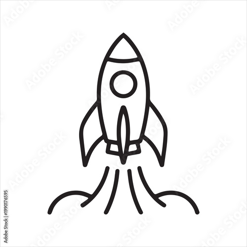 Simple black line art icon of a rocket launching with smoke trails