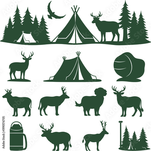 Camping Wilderness Silhouette Icons With Deer.
