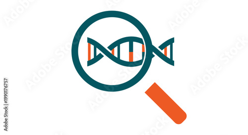 Genetic research concept with magnifying glass over DNA strand.