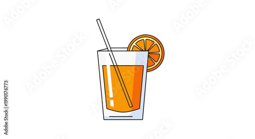 Refreshing orange juice in a glass with straw and orange slice.