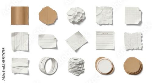 Collection of torn paper scraps, cardboard, and crumpled paper sheets on white background