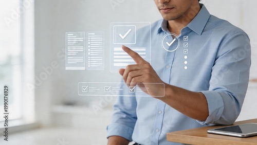 Businessman interacting with digital checklist interface futuristic office technology selecting options on holographic screen modern work environment hightech workflow management